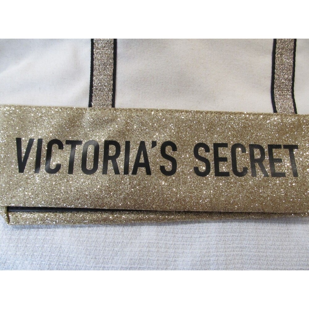 Victoria’s Secret Tan Gold Glitter Large Tote Bag Zippered 2018 NWT Travel - Picture 3 of 9